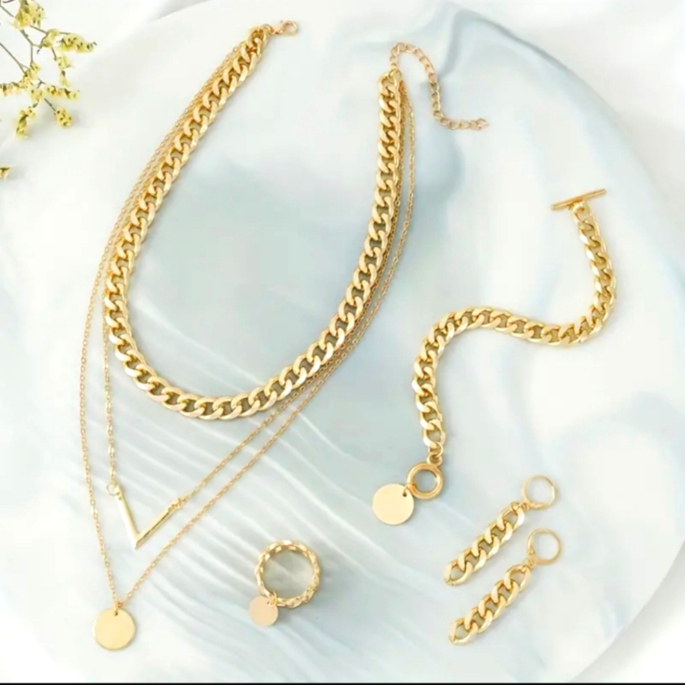 4 Pce Trendy Chunky Chain Jewelry Set Necklace Earrings Bracelet Ring Gold Color